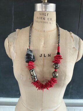 Artisan Panda Statement Necklace Red Coral Look Beads Hand Painted Boho